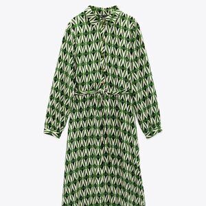 Zara Green and Black Long Sleeve Midi Collared Shirt Dress